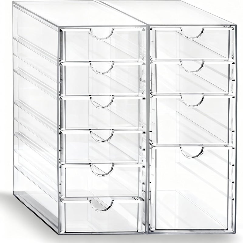 Prsildan Acrylic Drawer Makeup Organizer with 10 Drawers, Set of 2 Office Desk Organizers Accessories, Clear Stackable Storage Drawers for Vanity, Countertop, Craft, Jewelry, Art Supply Organization - Image 1